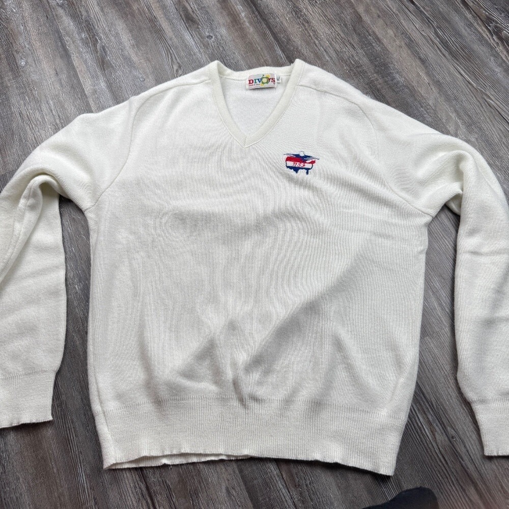 Vintage Divots Men's XL Golf Vneck Sweater White Long Sleeve